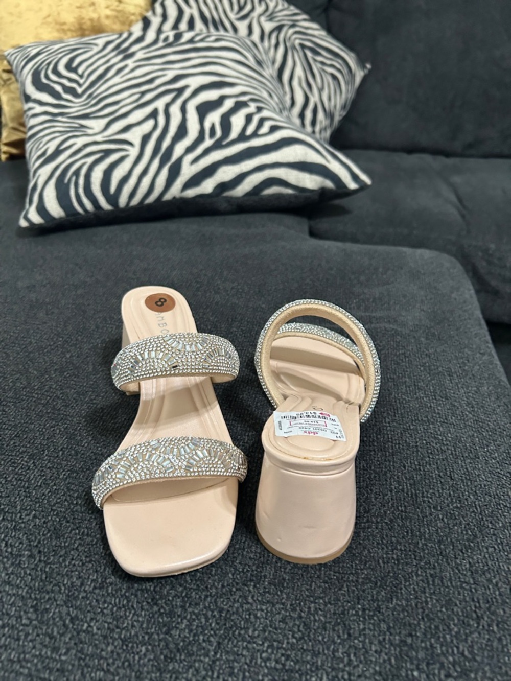 BAMBOO Nude Rhinestone Double-Strap Block Heel Mules